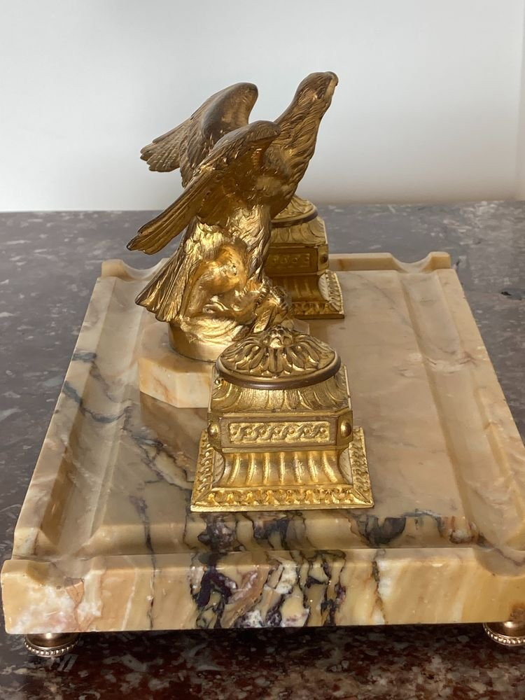 Gilt Bronze And Yellow Marble Inkwell, Late 19th Century-photo-7