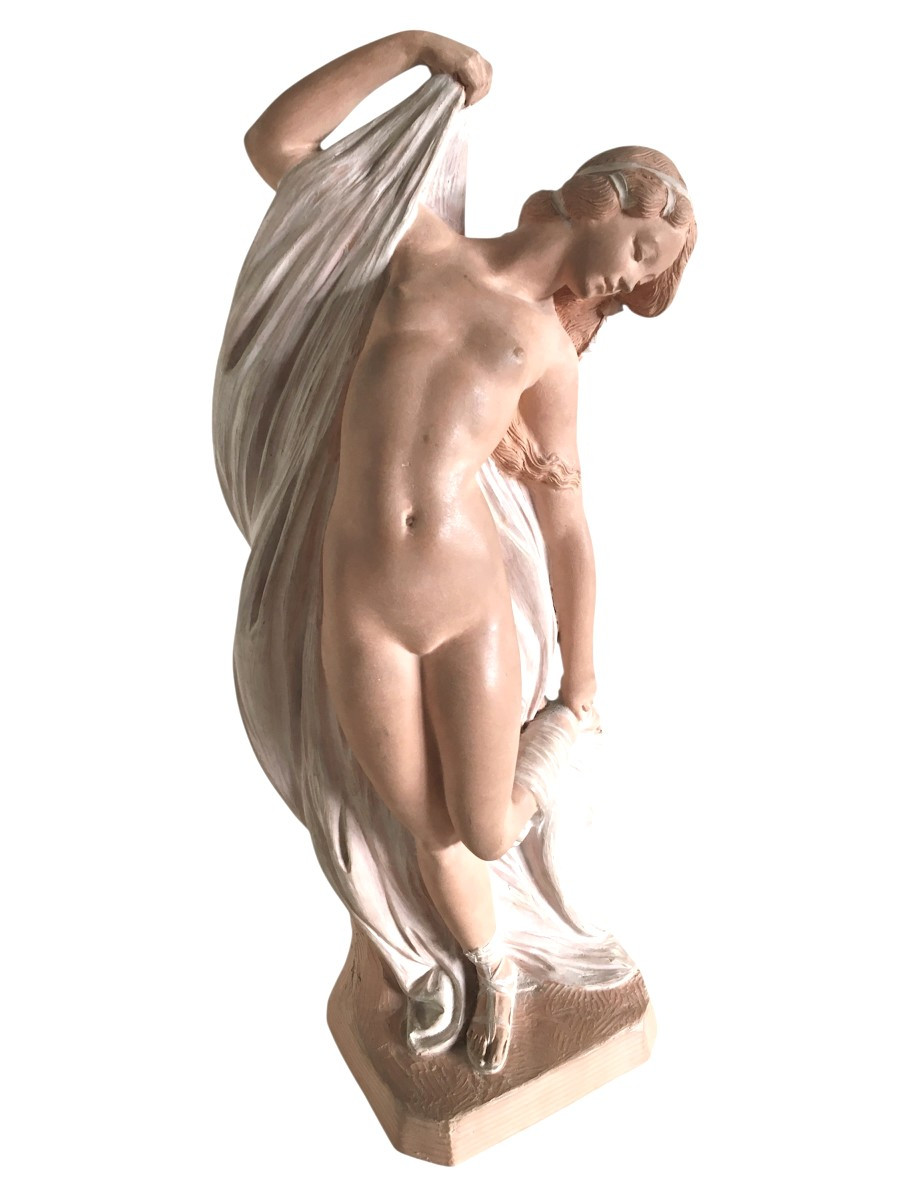 Terracotta Sculpture, Naked Woman With Drape, By Joé Descomps Known As Cormier-photo-2