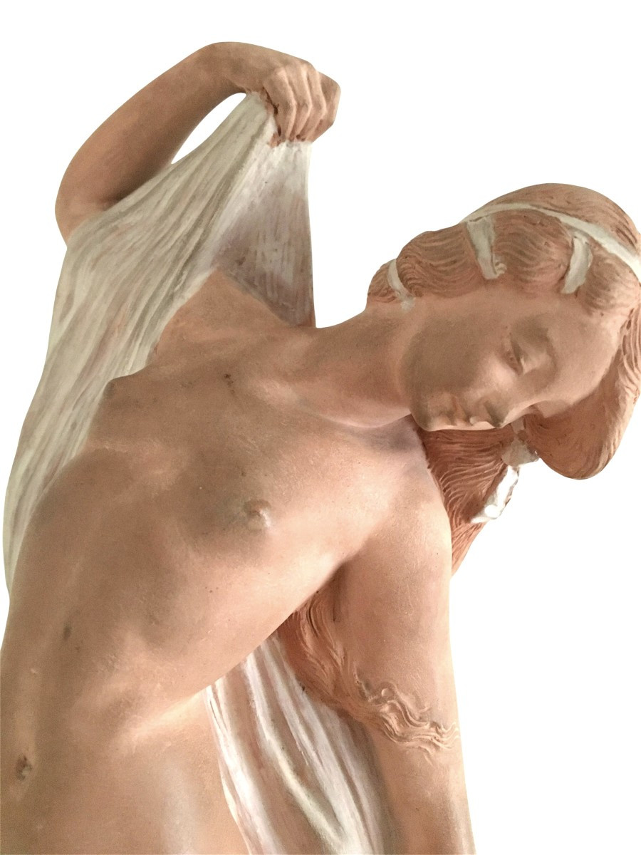 Terracotta Sculpture, Naked Woman With Drape, By Joé Descomps Known As Cormier-photo-3