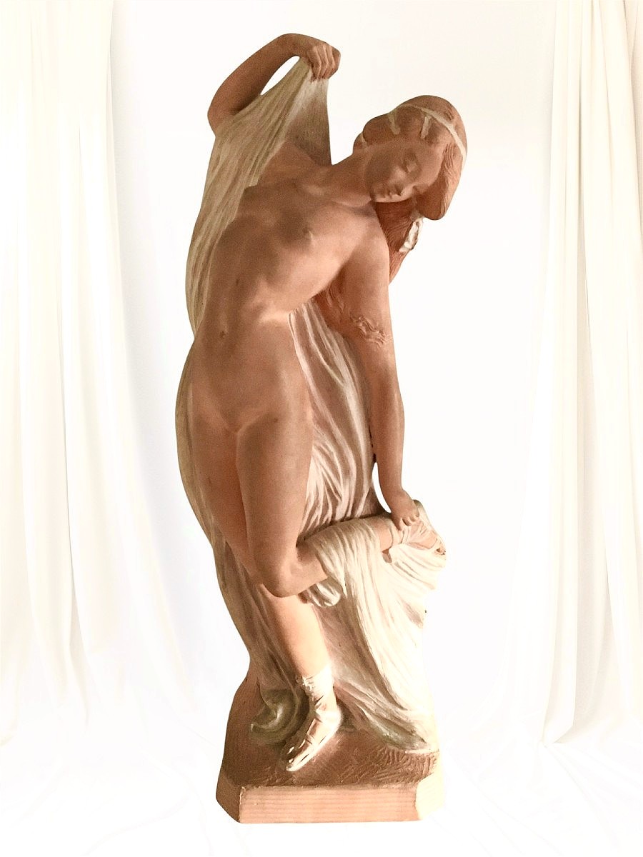 Terracotta Sculpture, Naked Woman With Drape, By Joé Descomps Known As Cormier