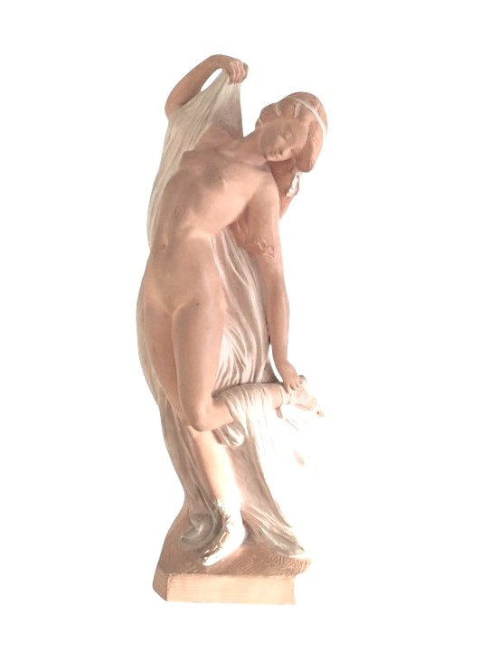Terracotta Sculpture, Naked Woman With Drape, By Joé Descomps Known As Cormier