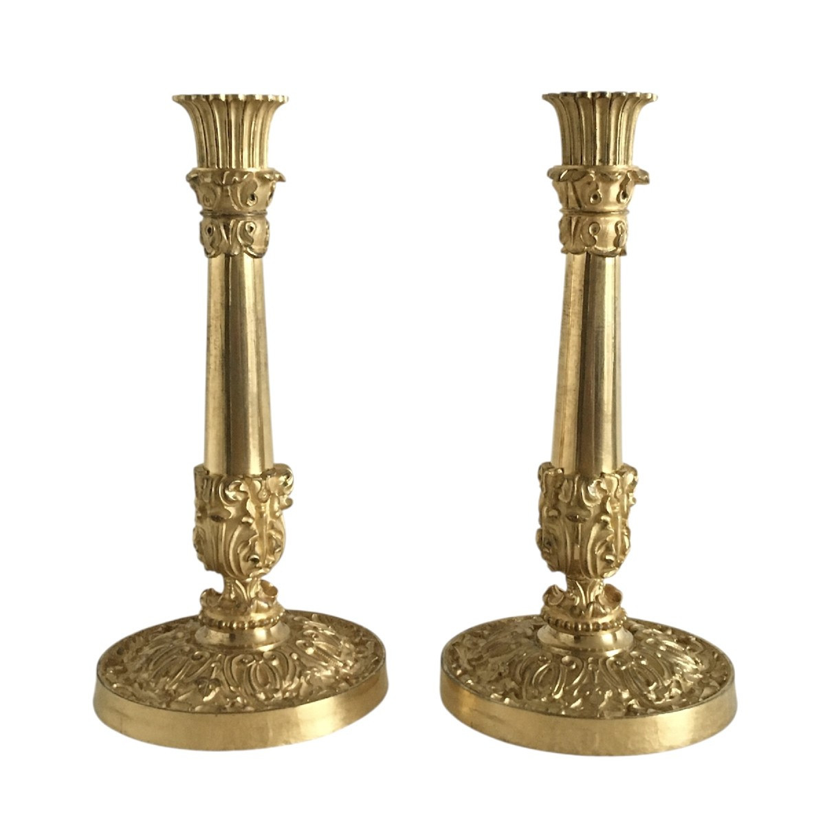 Paire de bougeoirs, en bronze doré, Début 19ème (vers 1820)-photo-4