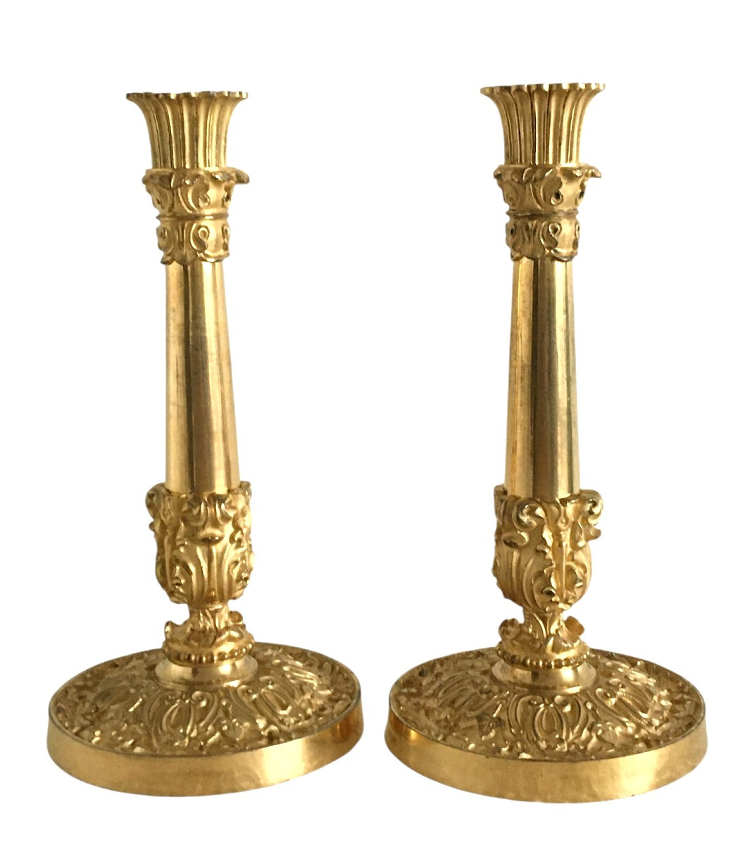 Paire de bougeoirs, en bronze doré, Début 19ème (vers 1820)