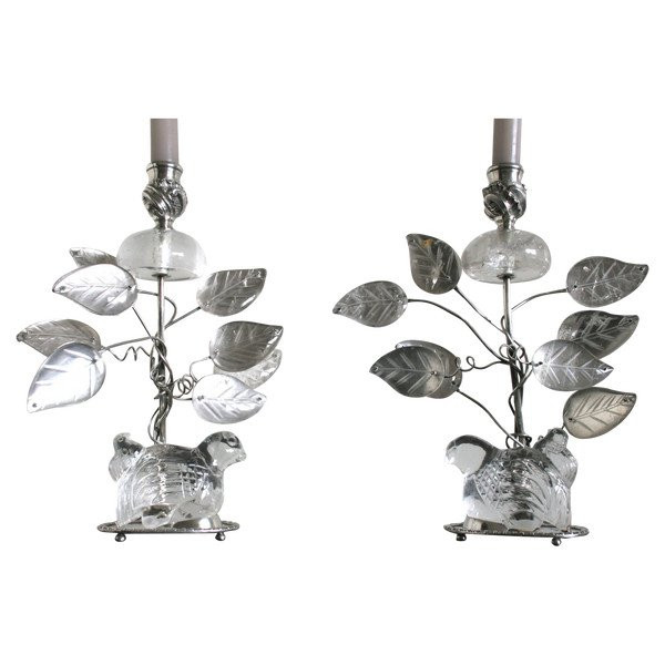 Pair Of Silver-plated Metal And Rock Crystal Candlesticks - Baguès Style-photo-4