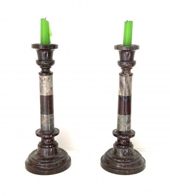 Paire de Bougeoirs en marbre bicolore, 19ème-photo-5