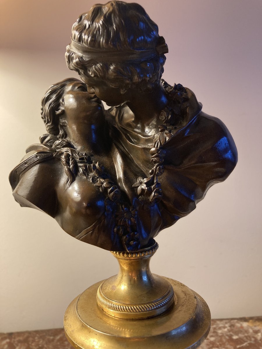 Bronze Sculpture, The Kiss Given, After Jean Antoine Houdon (1741-1828), Circa 1820-photo-2
