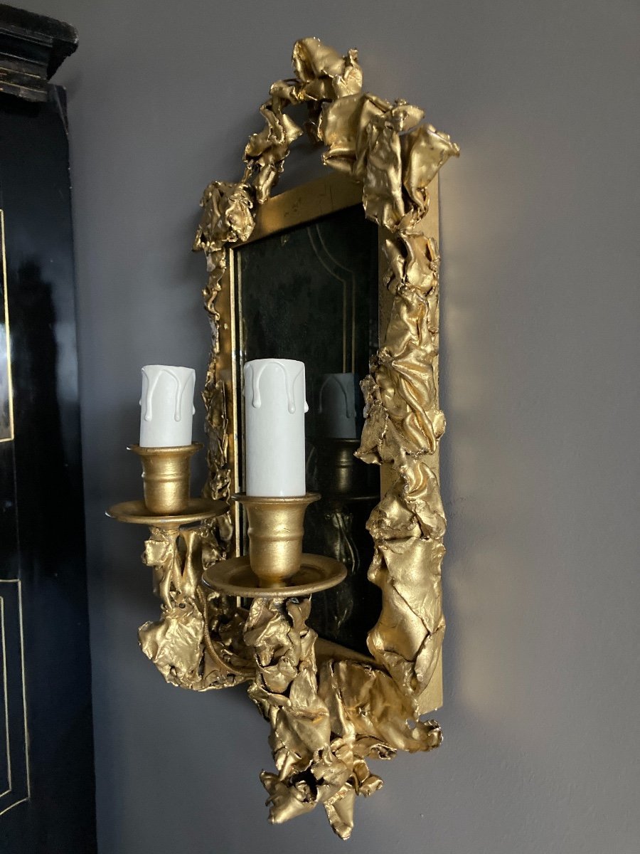 Pair Of Wall Sconces, In Gilt Brass - Creation From The 1970s-photo-2