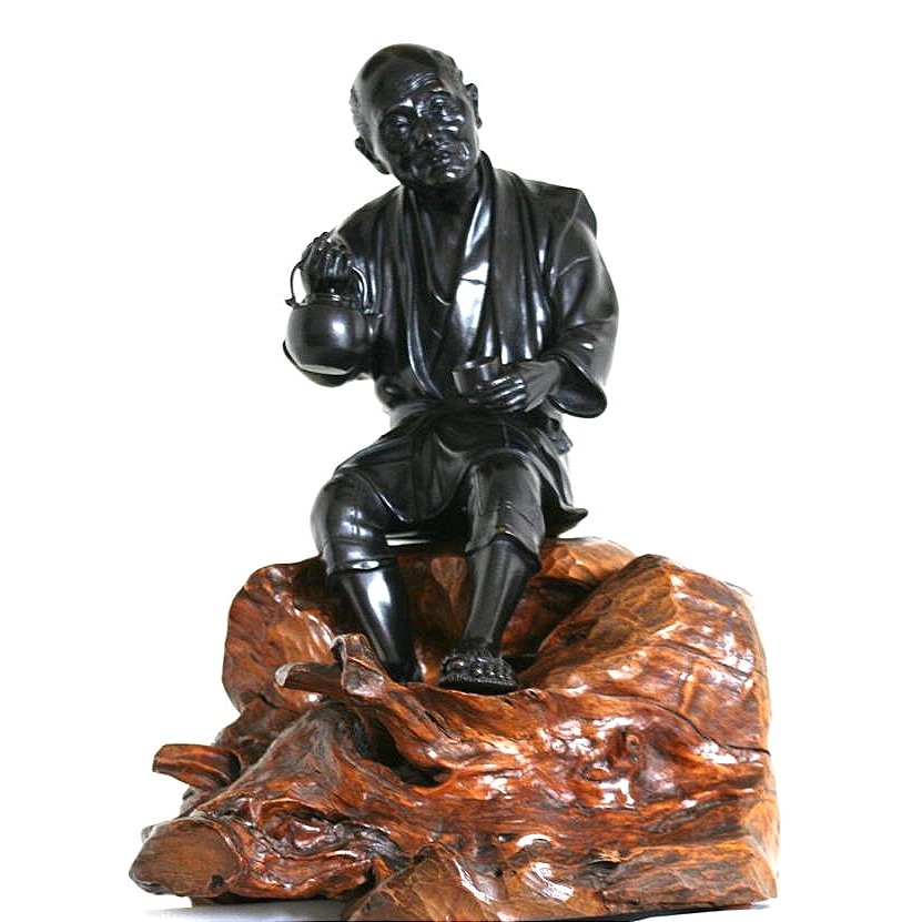 Bronze Sculpture, Okimono - Japanese Tea Drinking Man, Japan, Late Meiji Period-photo-3