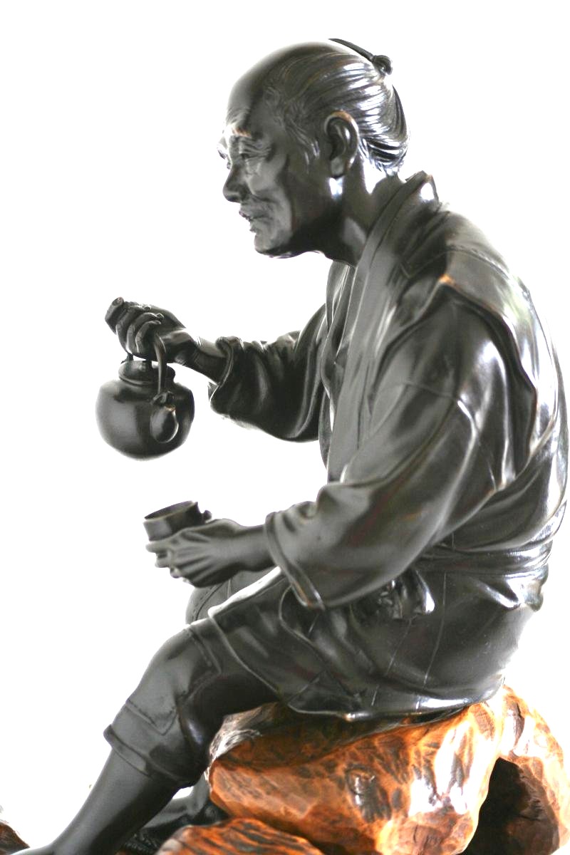 Bronze Sculpture, Okimono - Japanese Tea Drinking Man, Japan, Late Meiji Period-photo-3
