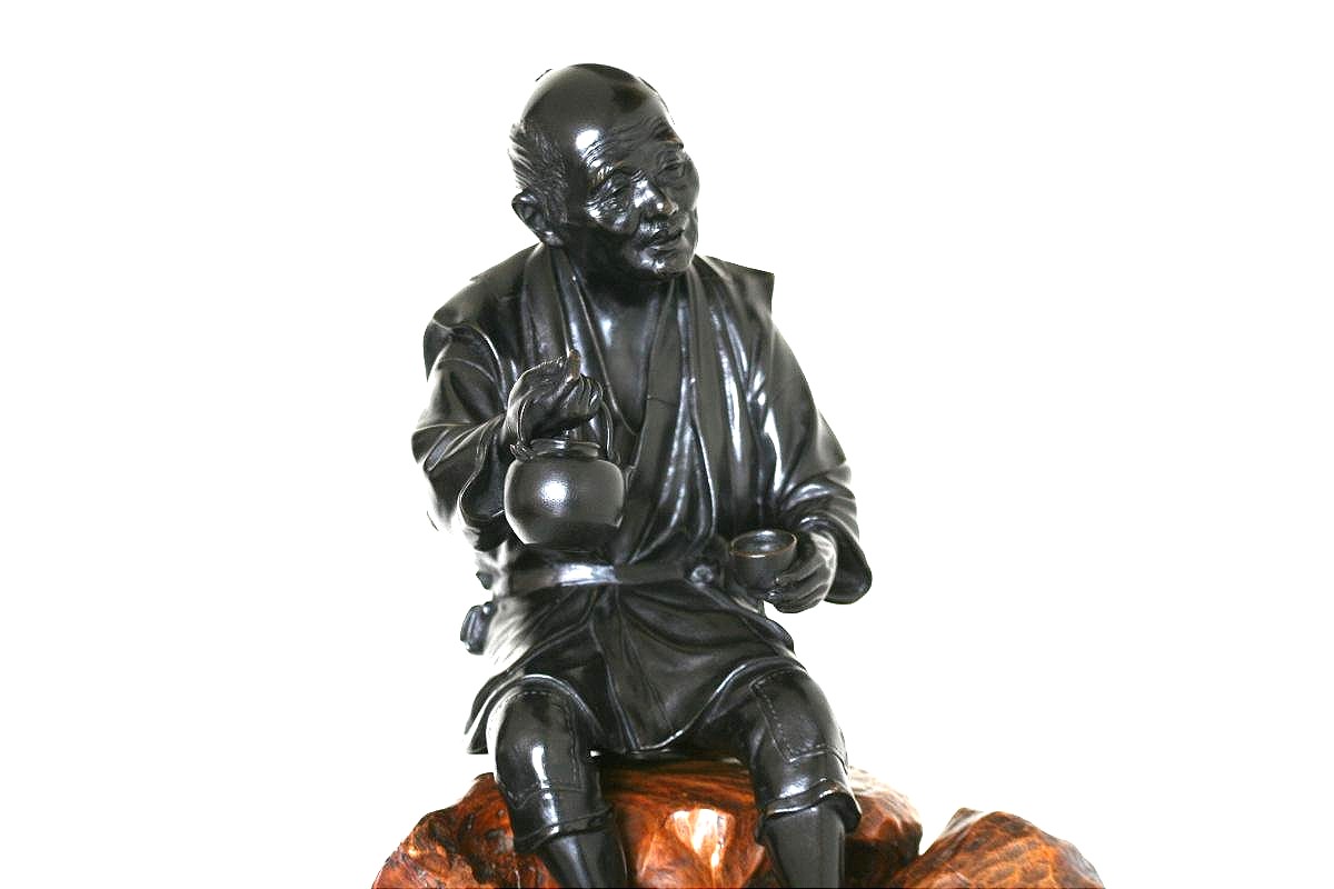 Bronze Sculpture, Okimono - Japanese Tea Drinking Man, Japan, Late Meiji Period-photo-3