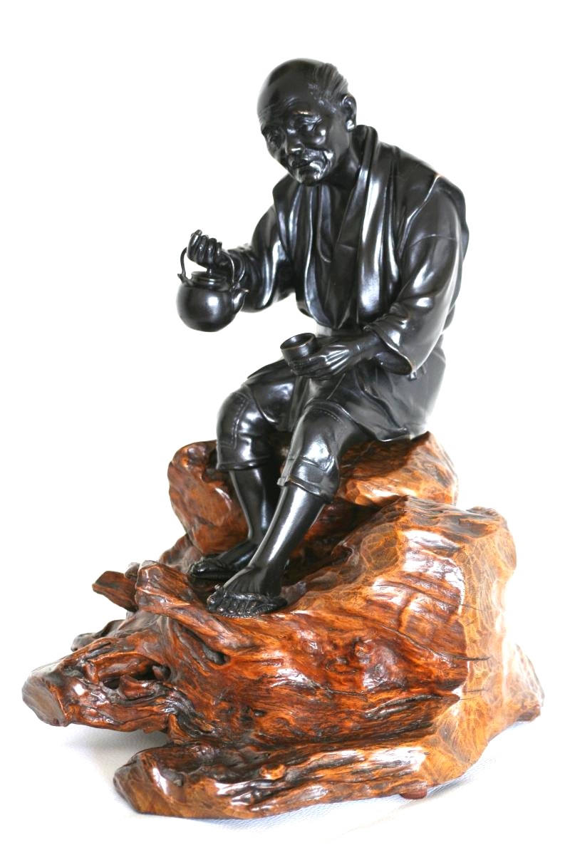 Bronze Sculpture, Okimono - Japanese Tea Drinking Man, Japan, Late Meiji Period