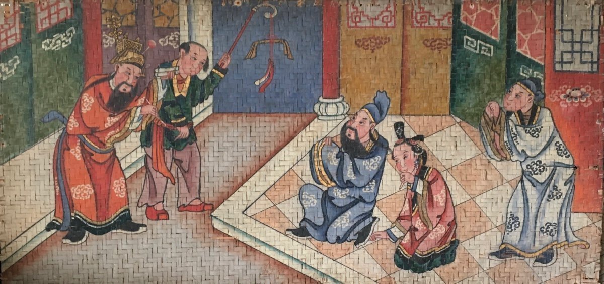 Grande Peinture Chinoise sur panneau de Bambou, 19ème, Chine-photo-3