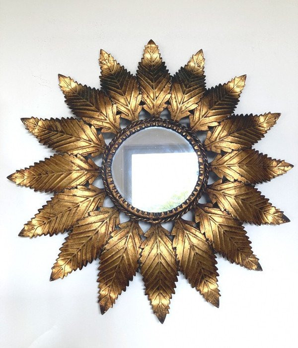 Miroir Soleil en fer doré, dans le Goût de Chaty Vallauris, Années 1960-photo-1
