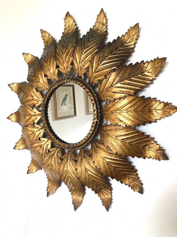 Miroir Soleil en fer doré, dans le Goût de Chaty Vallauris, Années 1960-photo-2