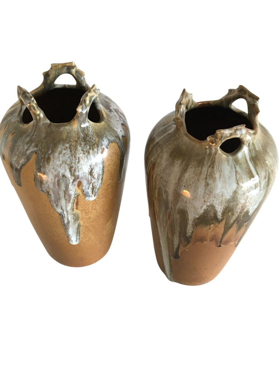 Paire de vases en Grès, Signé, Années 1950/60-photo-3