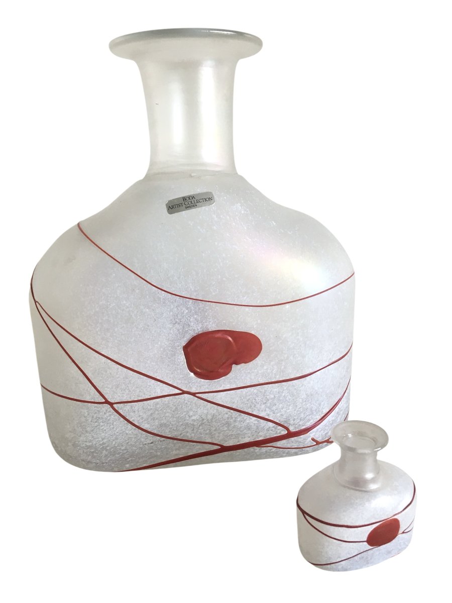 Two Frosted Blown Glass Vases - (red Galaxy Model) Bertil Vallien, Sweden 1986