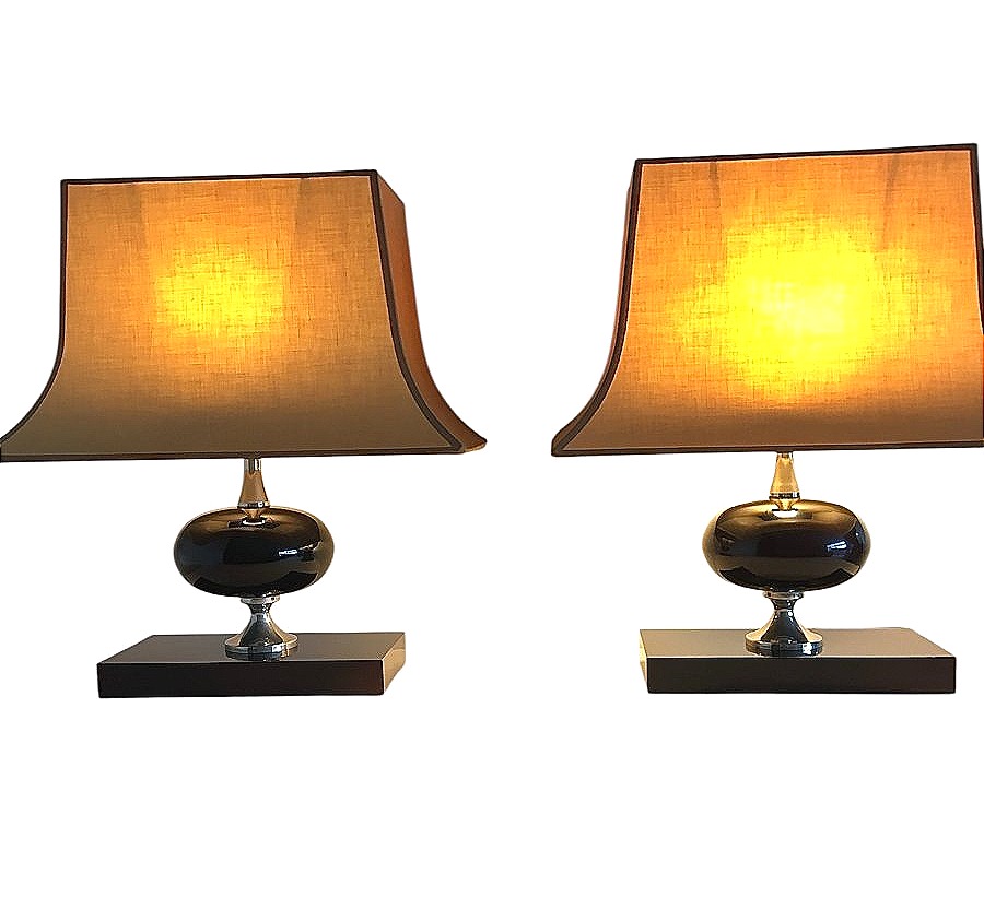 Paire de lampes, résine et acier chromé, par Philippe Barbier, vers 1970-photo-1