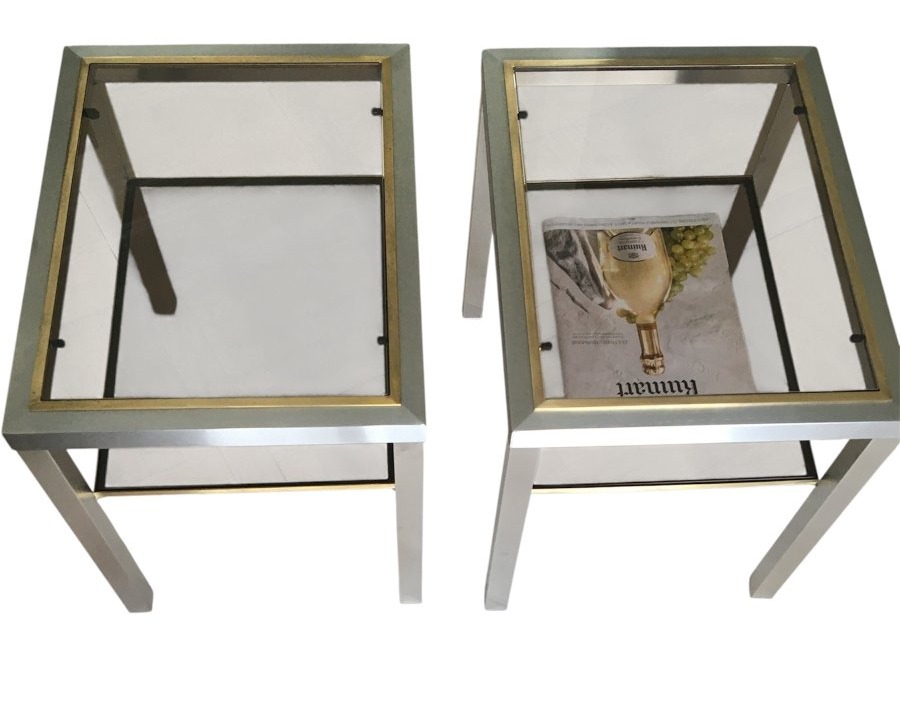 Paire de Tables d'Appoint en Acier Brossé, Verre Fumé par Guy Lefèvre -photo-2