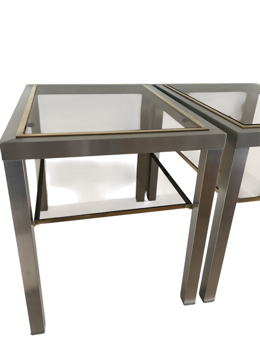 Paire de Tables d'Appoint en Acier Brossé, Verre Fumé par Guy Lefèvre -photo-4