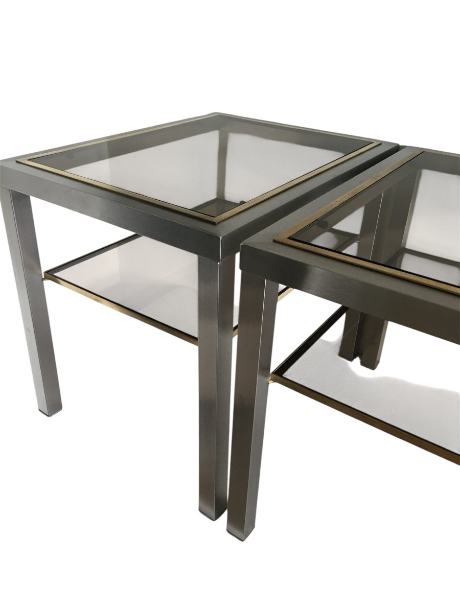 Paire de Tables d'Appoint en Acier Brossé, Verre Fumé par Guy Lefèvre -photo-1