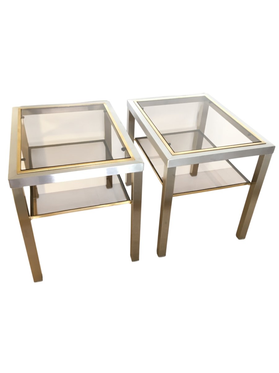 Paire de Tables d'Appoint en Acier Brossé, Verre Fumé par Guy Lefèvre 