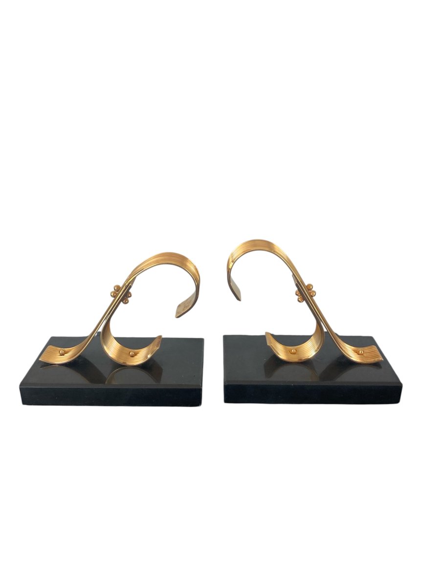 Pair Of Bookends, Brass And Marble, Gold Starry, Circa 1960-photo-3