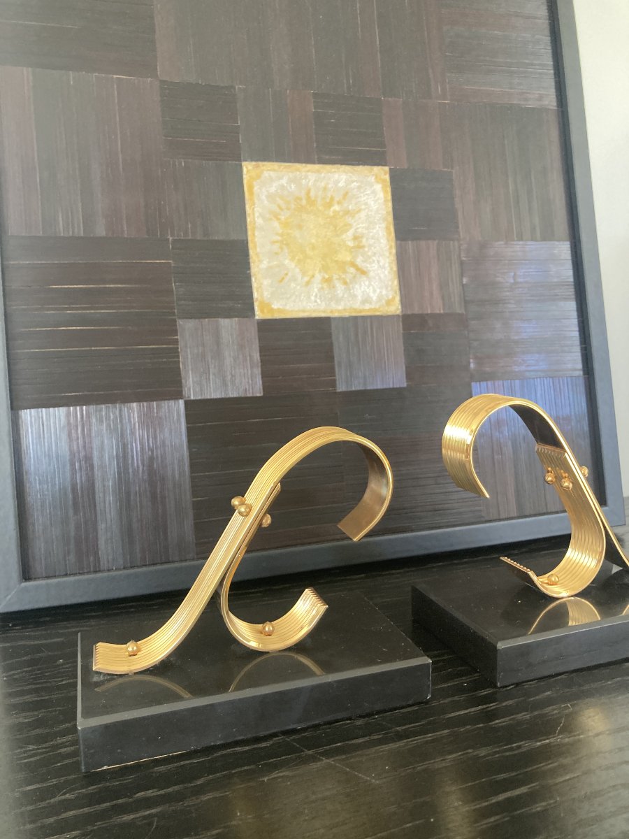 Pair Of Bookends, Brass And Marble, Gold Starry, Circa 1960-photo-5