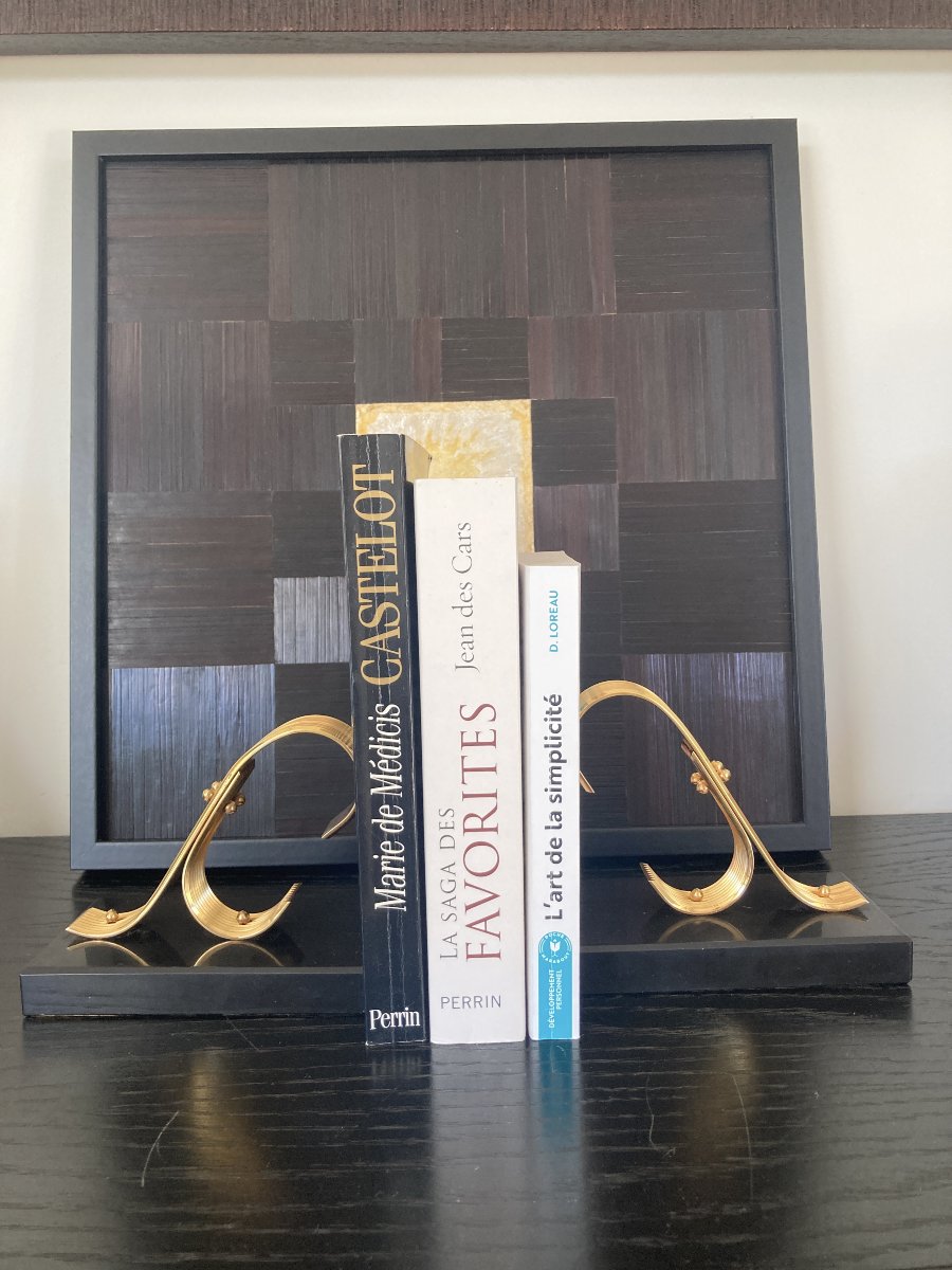 Pair Of Bookends, Brass And Marble, Gold Starry, Circa 1960-photo-6