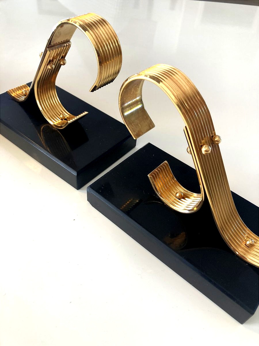 Pair Of Bookends, Brass And Marble, Gold Starry, Circa 1960-photo-1