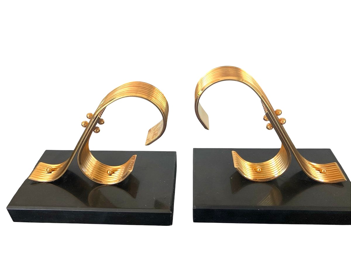 Pair Of Bookends, Brass And Marble, Gold Starry, Circa 1960