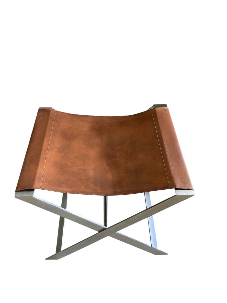 Folding Stool, Known As "ployant", In Brushed Steel And Leather, Signed Amaury Watine-photo-2