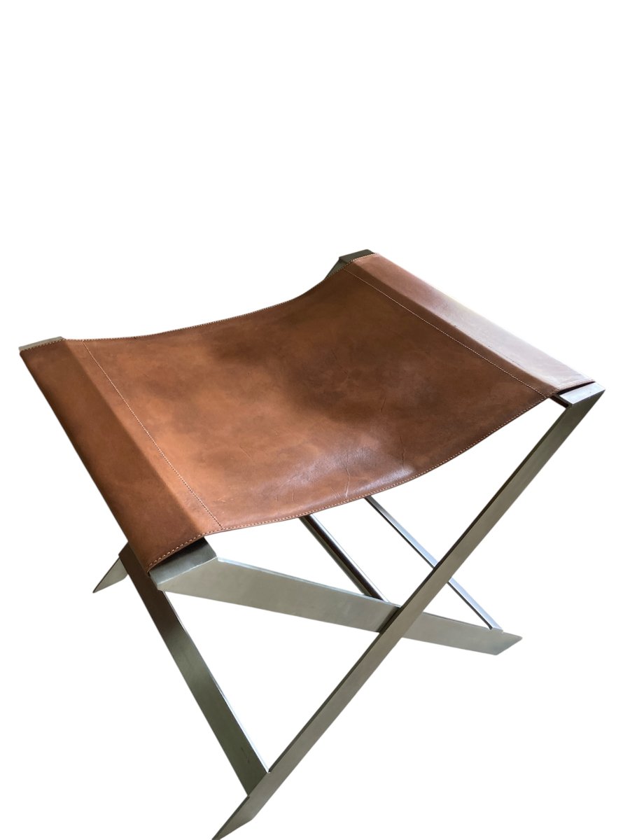 Folding Stool, Known As "ployant", In Brushed Steel And Leather, Signed Amaury Watine-photo-3