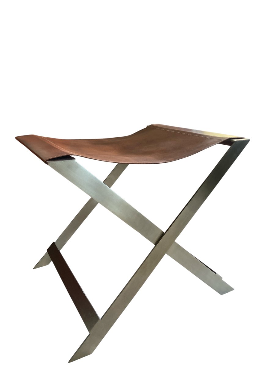 Folding Stool, Known As "ployant", In Brushed Steel And Leather, Signed Amaury Watine-photo-4