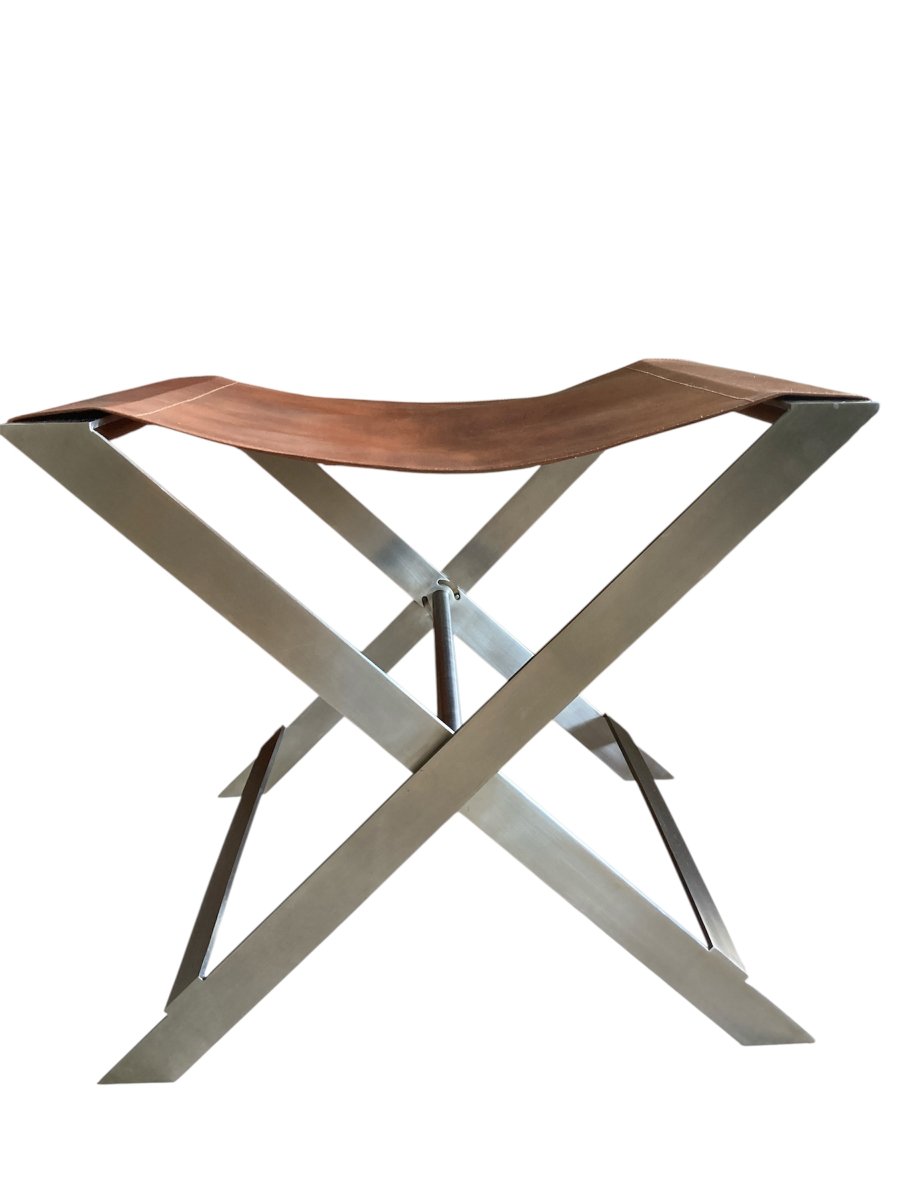 Folding Stool, Known As "ployant", In Brushed Steel And Leather, Signed Amaury Watine-photo-1