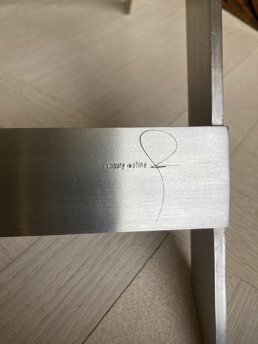 Folding Stool, Known As "ployant", In Brushed Steel And Leather, Signed Amaury Watine-photo-2