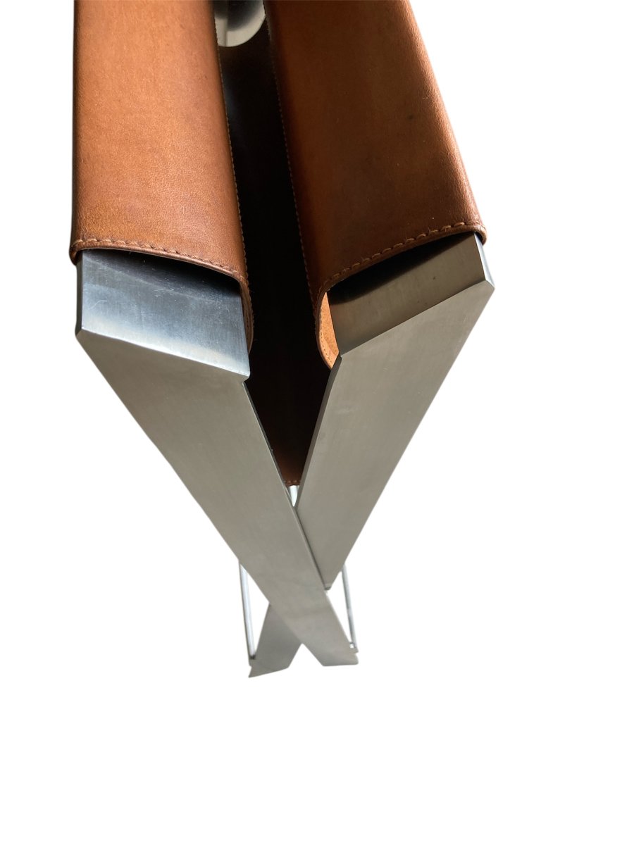 Folding Stool, Known As "ployant", In Brushed Steel And Leather, Signed Amaury Watine-photo-4