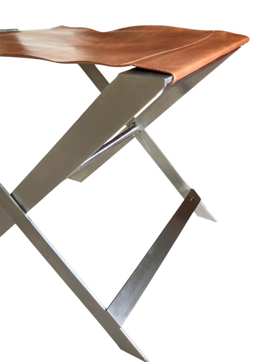 Folding Stool, Known As "ployant", In Brushed Steel And Leather, Signed Amaury Watine-photo-5