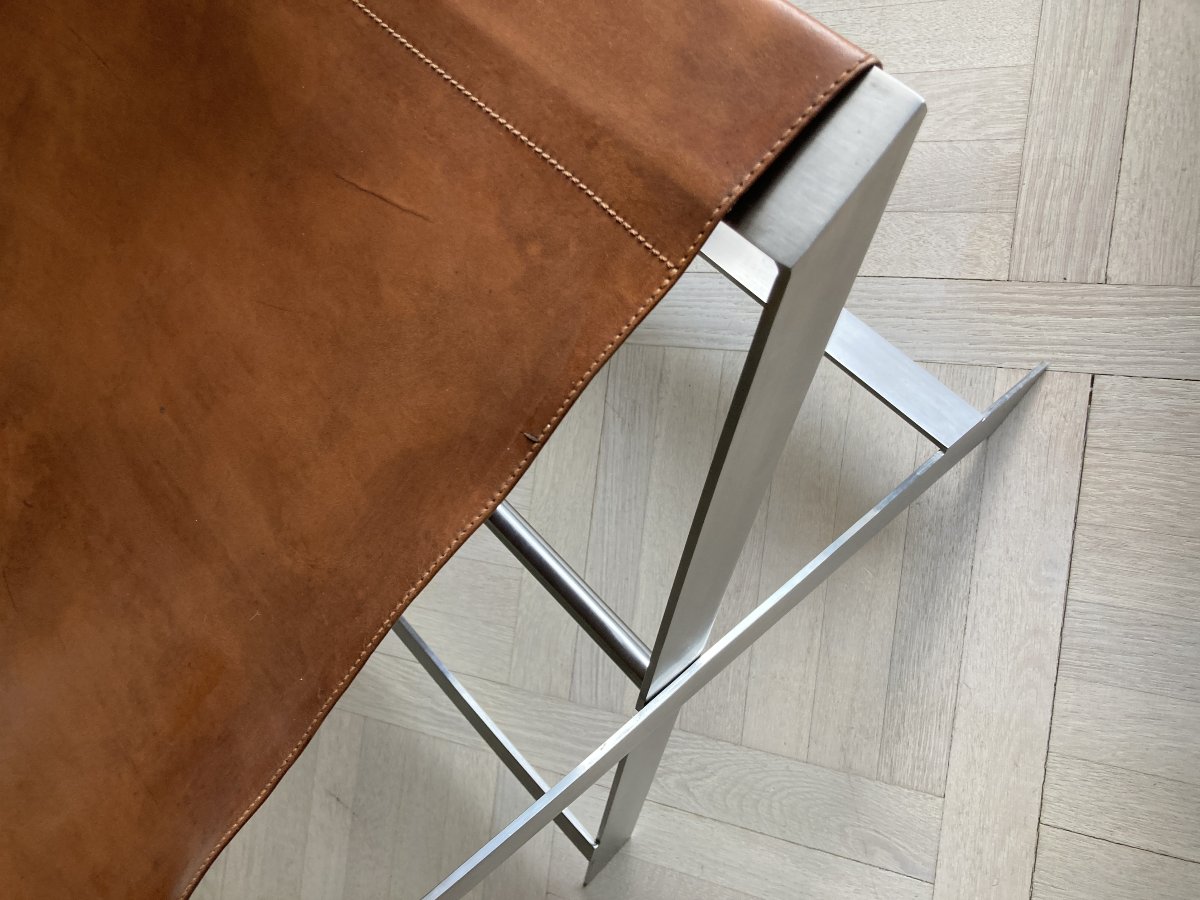 Folding Stool, Known As "ployant", In Brushed Steel And Leather, Signed Amaury Watine-photo-8