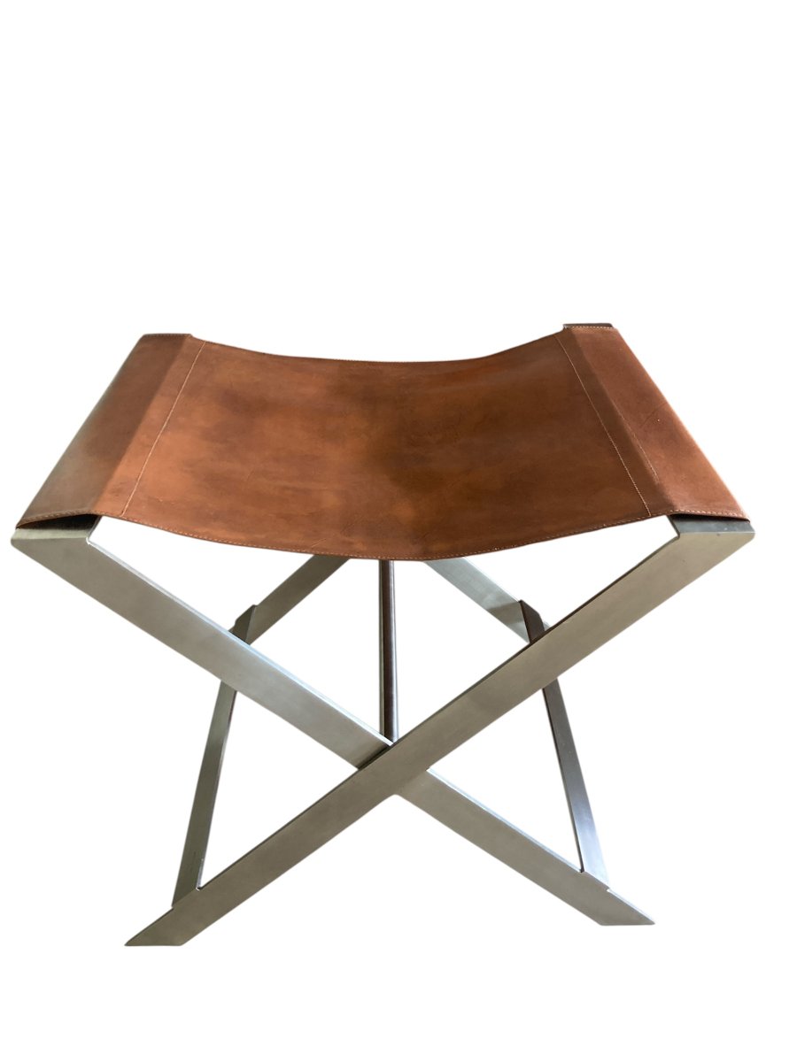 Folding Stool, Known As "ployant", In Brushed Steel And Leather, Signed Amaury Watine