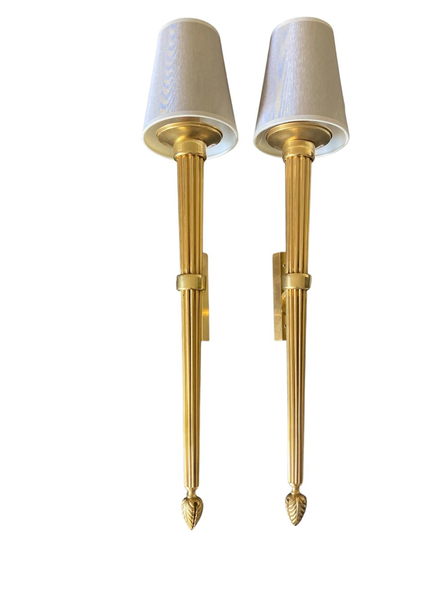 Pair Of Gilded Bronze Wall Sconces, Circa 1970-photo-3