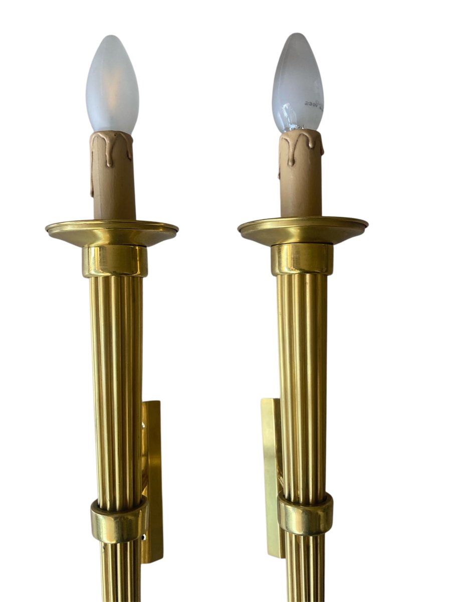 Pair Of Gilded Bronze Wall Sconces, Circa 1970-photo-2
