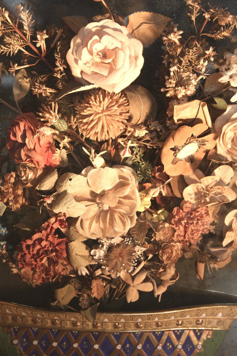 Composition De Fleurs En Tissus, Avec Base En Porcelaine, 19ème-photo-4