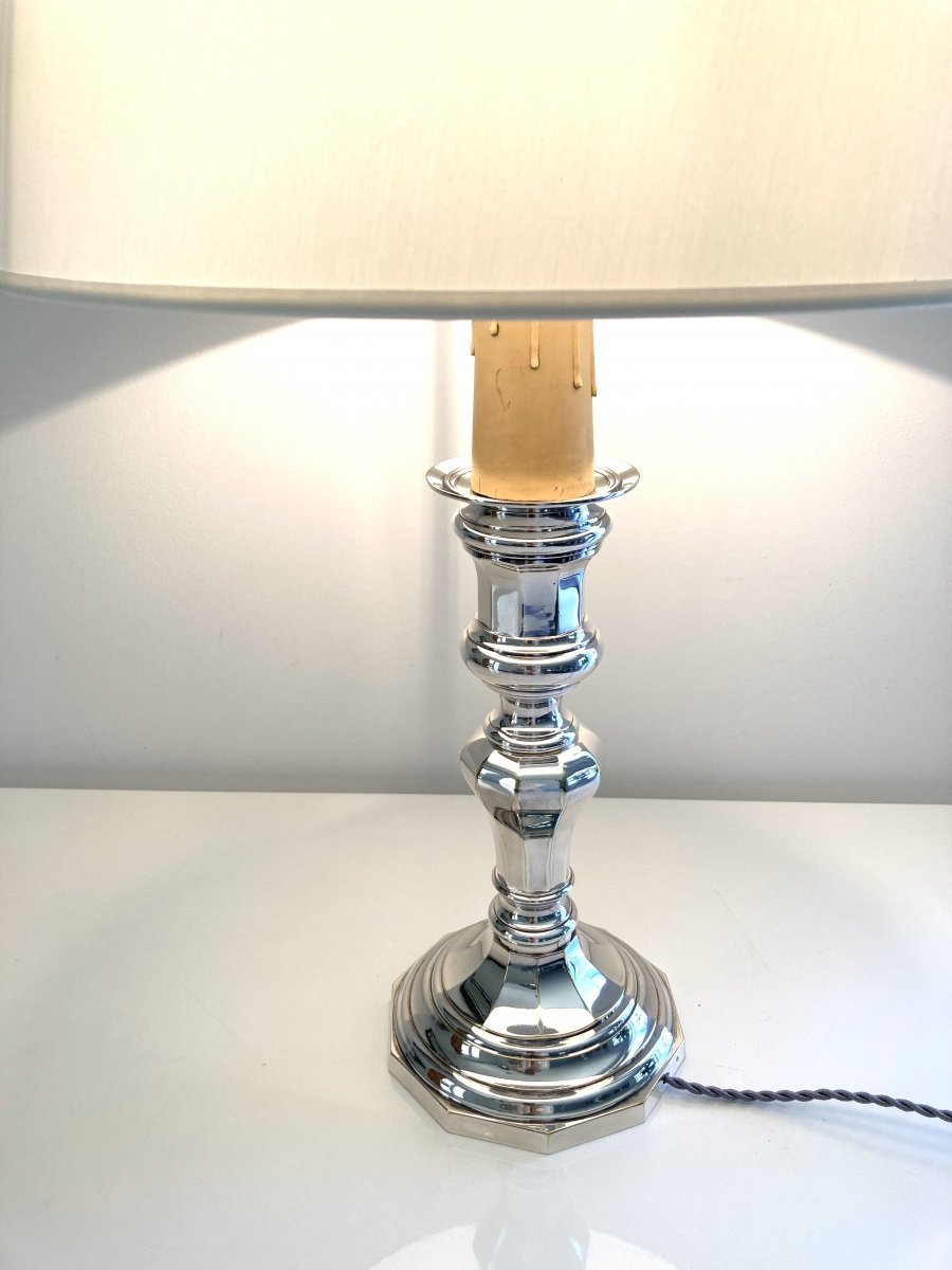 Large Lamp Mounted Candlestick, Silver Metal-photo-2