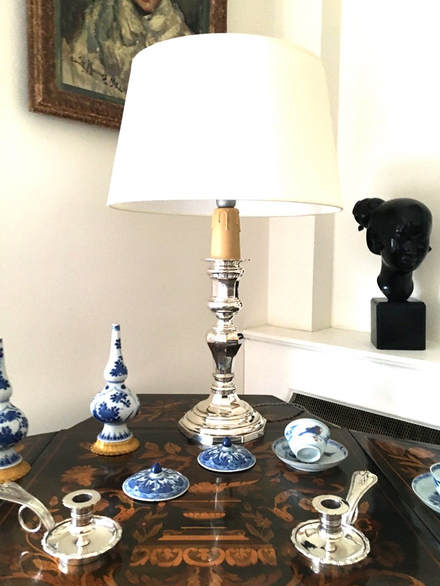 Large Lamp Mounted Candlestick, Silver Metal