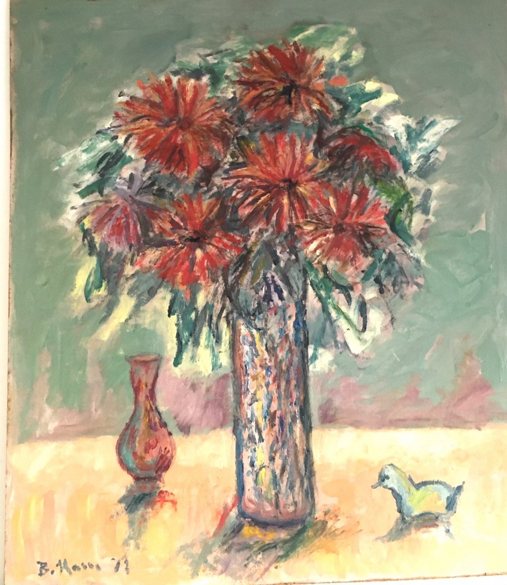 Oil On Hardboard, Bouquet Of Flowers, Bernard Marre-photo-1