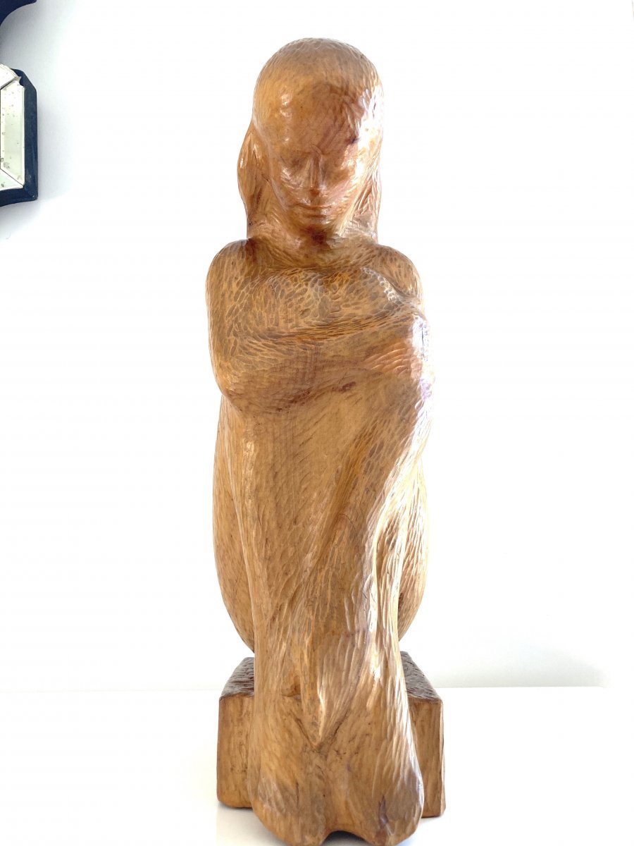 Large Young Woman Sculpture 64 Cm, Solid Wood, By Michel Bonnand-photo-2