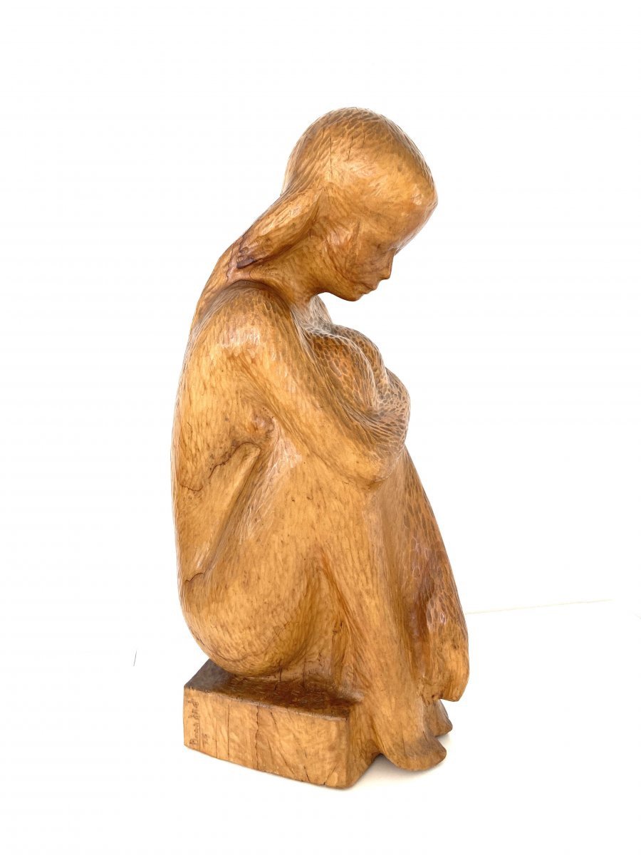 Large Young Woman Sculpture 64 Cm, Solid Wood, By Michel Bonnand-photo-4
