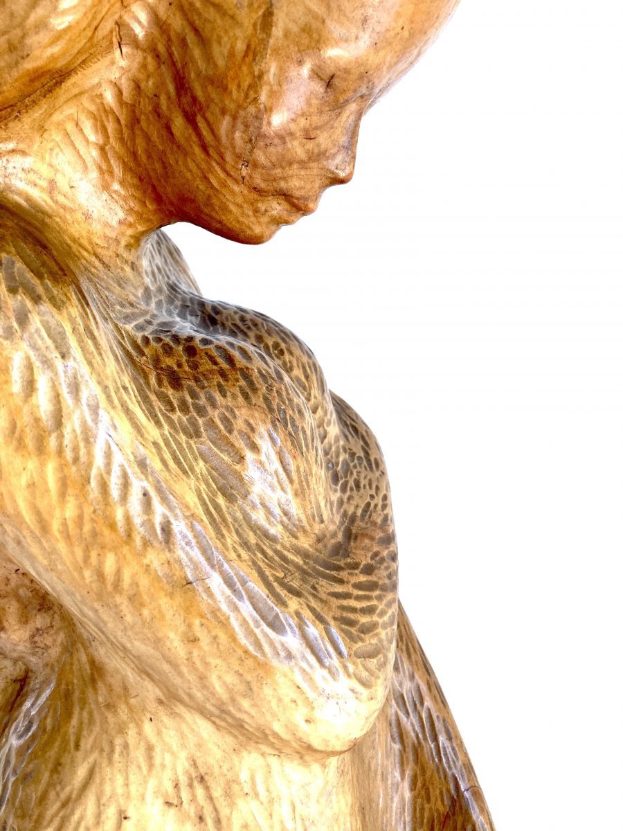 Large Young Woman Sculpture 64 Cm, Solid Wood, By Michel Bonnand-photo-1