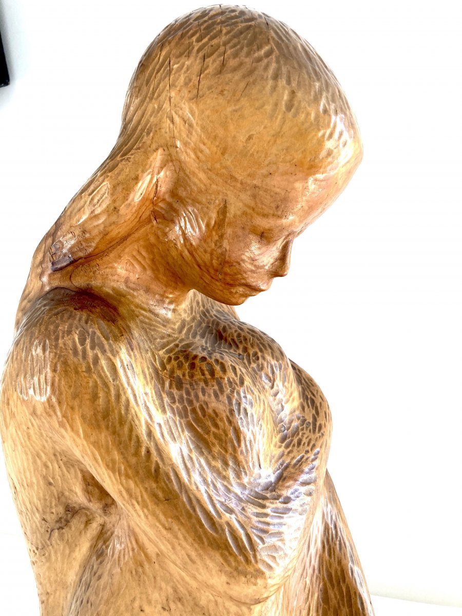 Large Young Woman Sculpture 64 Cm, Solid Wood, By Michel Bonnand-photo-2
