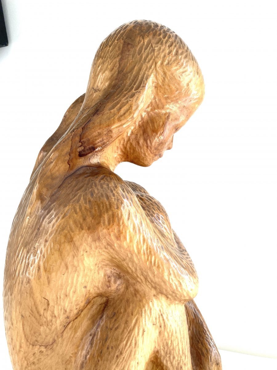 Large Young Woman Sculpture 64 Cm, Solid Wood, By Michel Bonnand-photo-3